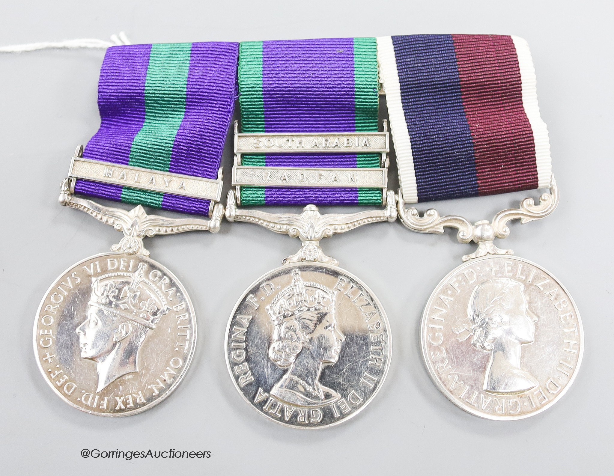 Trio of medals to N4021907, Corporal R J Galloway, RAF comprising GVI GSM with Malaya clasp, QEII GSM with South Arabia and Radfan clasps and a QEII for long service and good conduct medal